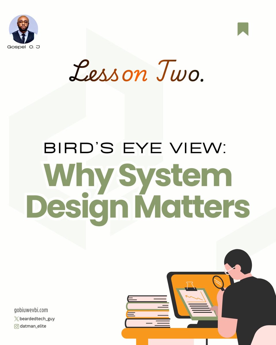 beardedtech_guy's tweet photo. 𝗱𝗮𝘆 𝟮 𝗼𝗳 𝟭𝟬𝟬
#100DaysOfSystemDesign

We have successfuly established the meaning of system design so lets look into why.

𝗪𝗵𝘆 𝘀𝘆𝘀𝘁𝗲𝗺 𝗱𝗲𝘀𝗶𝗴𝗻 𝗺𝗮𝘁𝘁𝗲𝗿𝘀 
No system stays small forever. Growth exposes hidden problems.

𝗧𝗵𝗶𝗻𝗸 𝗼𝗳 𝘁𝗵𝗮𝘁 𝘀𝗮𝗺𝗲 𝗿𝗲𝘀𝘁𝗮𝘂𝗿𝗮𝗻𝘁 𝗳𝗿𝗼𝗺 𝗱𝗮𝘆 𝟭 🍽️
At first, it has one cook and a few customers. Orders are easy, food goes out on time, everyone is happy.

As the restaurant becomes popular, more customers arrive, orders pile up, and the kitchen starts to feel tight. Mistakes happen, some tables wait too long, and a few customers leave. 𝗡𝗼𝘁 𝗯𝗲𝗰𝗮𝘂𝘀𝗲 𝘁𝗵𝗲 𝗰𝗼𝗼𝗸 𝗶𝘀𝗻’𝘁 𝘀𝗸𝗶𝗹𝗹𝗲𝗱, 𝗯𝘂𝘁 𝗯𝗲𝗰𝗮𝘂𝘀𝗲 𝘁𝗵𝗲 𝗿𝗲𝘀𝘁𝗮𝘂𝗿𝗮𝗻𝘁 𝘄𝗮𝘀𝗻’𝘁 𝗱𝗲𝘀𝗶𝗴𝗻𝗲𝗱 𝘁𝗼 𝗵𝗮𝗻𝗱𝗹𝗲 𝗴𝗿𝗼𝘄𝘁𝗵.

Now imagine the restaurant decides to offer delivery without reorganizing the kitchen or adding staff. Orders get mixed up, the cook is stretched thin, and both dine-in and delivery customers are waiting. Chaos slowly creeps in, even if everyone is trying their best.

This is exactly what happens in applications. When apps grow, add features, or get more users without planning, things slow down, break, and frustrate users. 𝗬𝗼𝘂𝗿 𝗰𝗼𝗱𝗲 𝗰𝗮𝗻 𝗯𝗲 𝗳𝗶𝗻𝗲, everyone can be doing their best, and the system can still fail.

Be that engineer that prioritizes system thinking and design!

Read the full piece here : https://t.co/5FXenzJhsQ

Missed day 1 ? Here you go https://t.co/NPe8n2zVAb

Inspired by @TosinOlugbenga 
Join #100DaysOfCode by @gozkybrain4u my bro 🔥