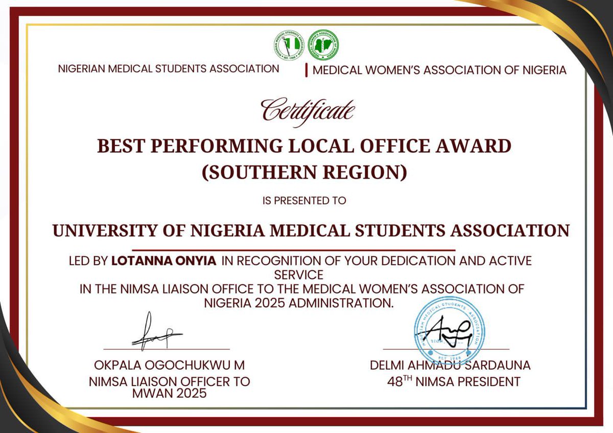 Big win for MWAN-UNMSA! 🏆
We are proud to have been named the Best Performing Local Office (Southern Region) by the Nigerian Medical Students Association (NiMSA).
Huge thanks to the Lotanna  Onyia and her  team for making this possible!
#MedicalEducation #UNMSA #NiMSA #MWAN