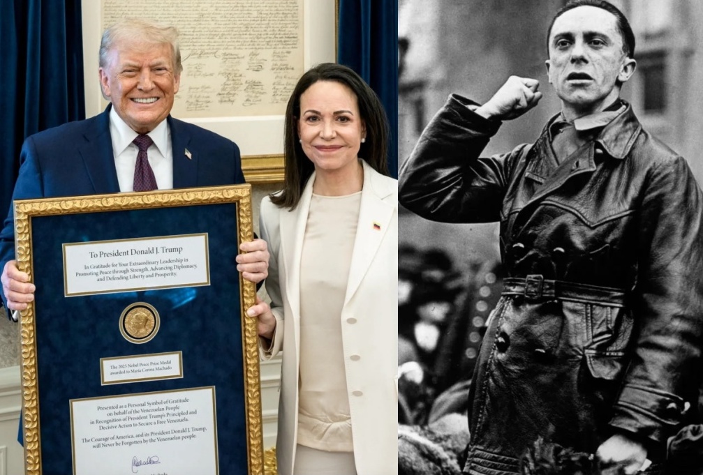 There was another historical figure who accepted someone else's Nobel Prize... 

In 1943, Norwegian author Knut Hamsun gifted his Nobel Prize in Literature to Nazi Minister of Propaganda Joseph Goebbels as a token of admiration. 

Yesterday, Trump took the Nobel Peace Prize from