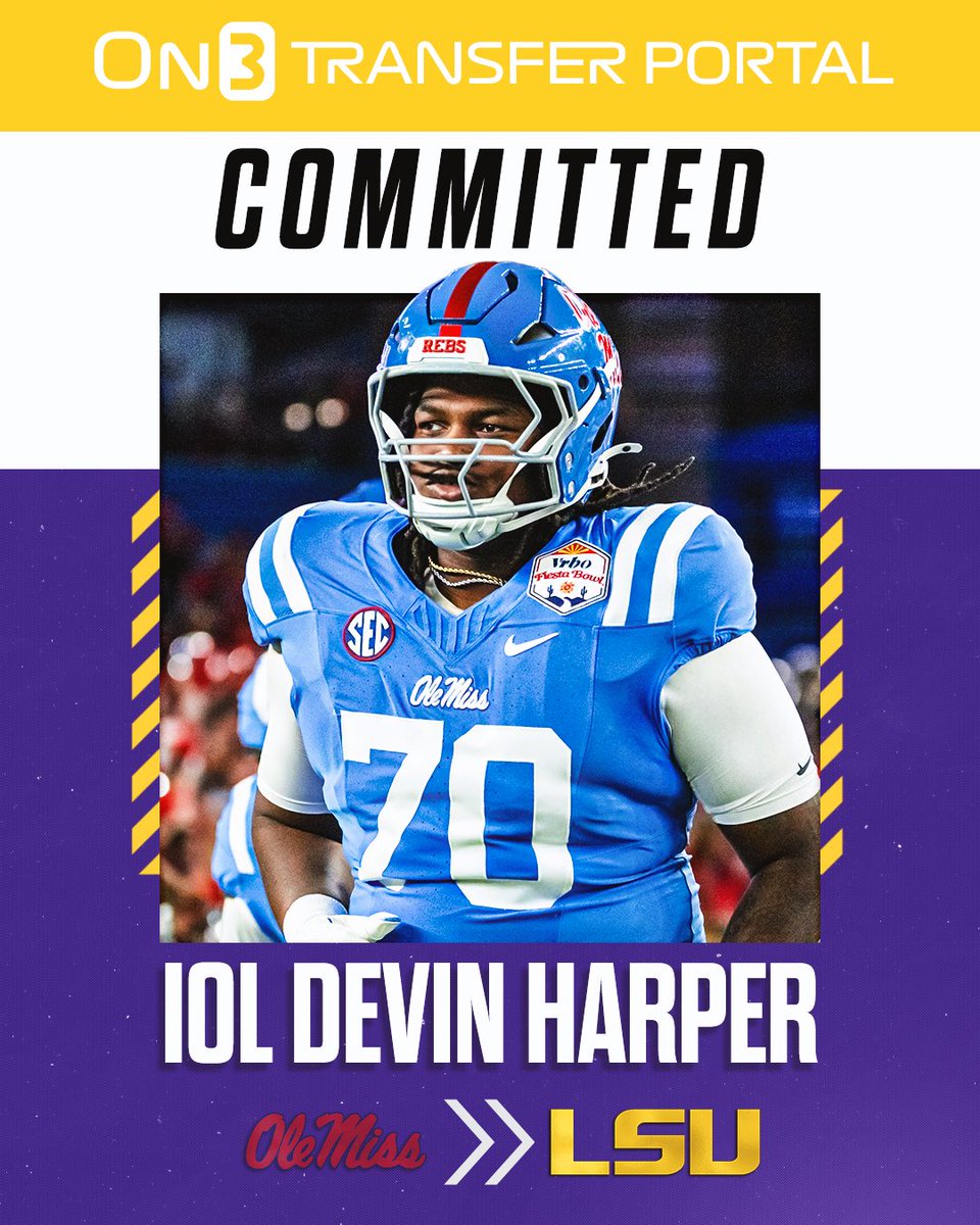 TransferPortal's tweet image. BREAKING: Ole Miss transfer IOL Devin Harper has committed to LSU, @Hayesfawcett3 reports🐯

on3.com/college/lsu-ti…