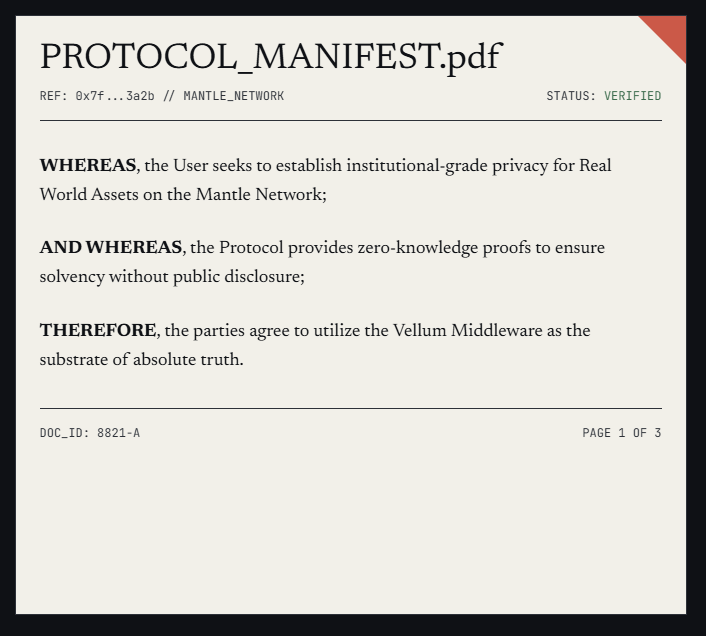 alienworl1's tweet photo. The RWA market is frozen at $24B.
Institutions want privacy. Regulators want transparency.
The "RWA Trilemma" has made on-chain compliance impossible.
Until now.
Introducing Vellum: The Atomic Privacy Middleware for @Mantle_Official .
ZK-Enforced. Log-Settled. $mETH Yielding. https://t.co/C8LZla70DC