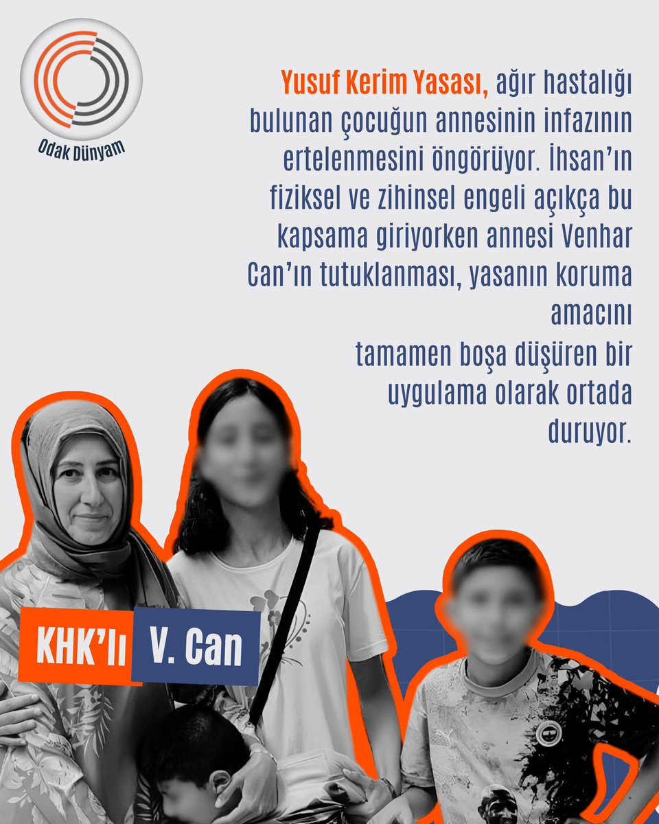 KHK’lı fen bilgisi öğretmeni Venhar Can’ın ByLock ve benzeri yasal faaliyetleri, tutuklulukla sonuçlandı. Venhar Hanım’la birlikte tüm ailesinin; biri fiziksel ve zihinsel engelli İhsan (8) olmak üzere üç çocuğun da hayatı zindana döndü.

YusufKerimYasası Uygulansın