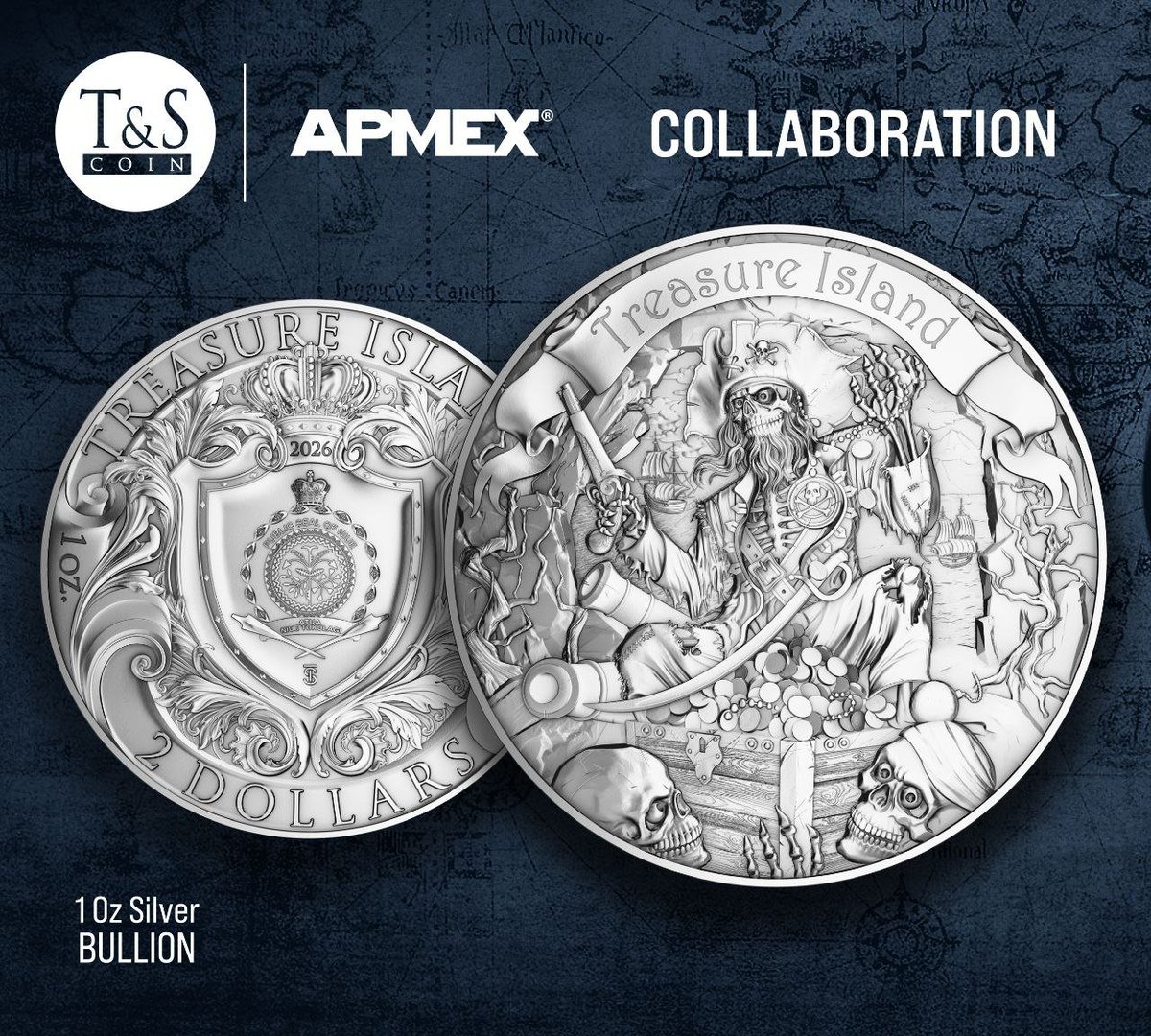 TScoinCompany's tweet image. The first time 𝗧&amp;amp;𝗦 𝗖𝗼𝗶𝗻 design will be issued as a bullion coin, minted and distributed in collaboration with @Apmex

#TScoin #AttentionToDetails #TreasureIsland #bullioncoin