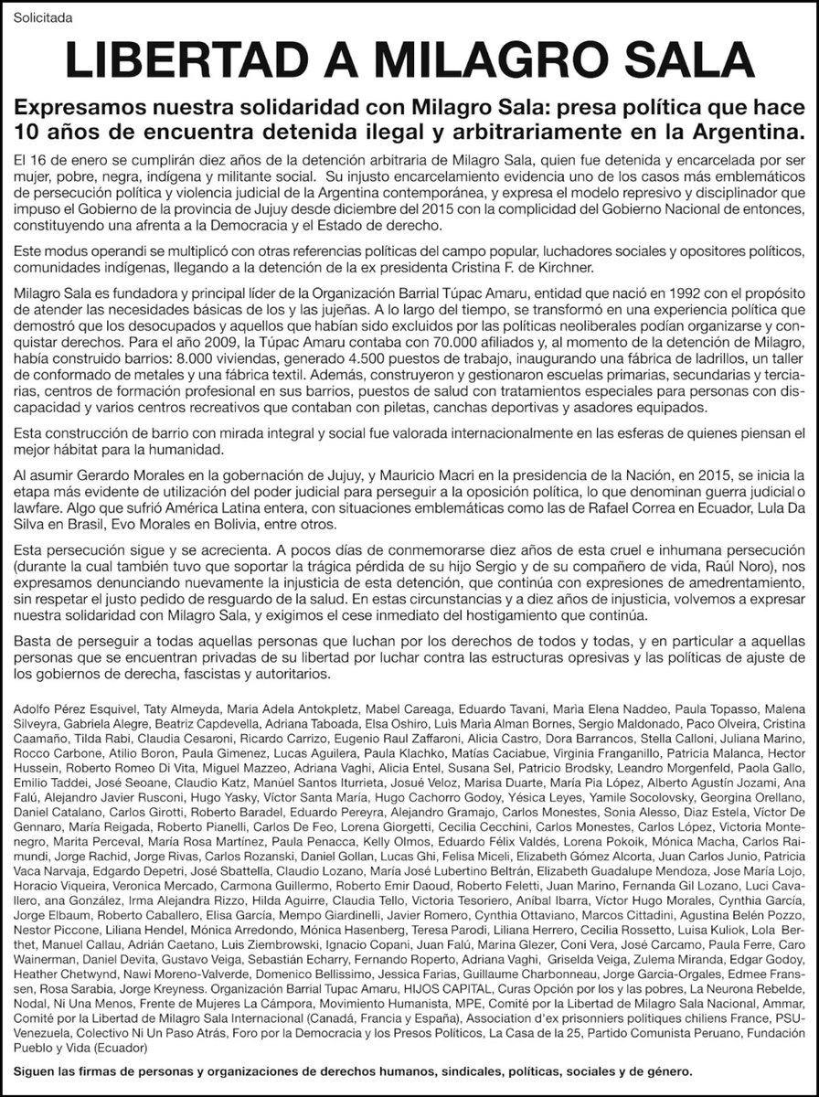 ¡LIBERTAD A MILAGRO SALA!