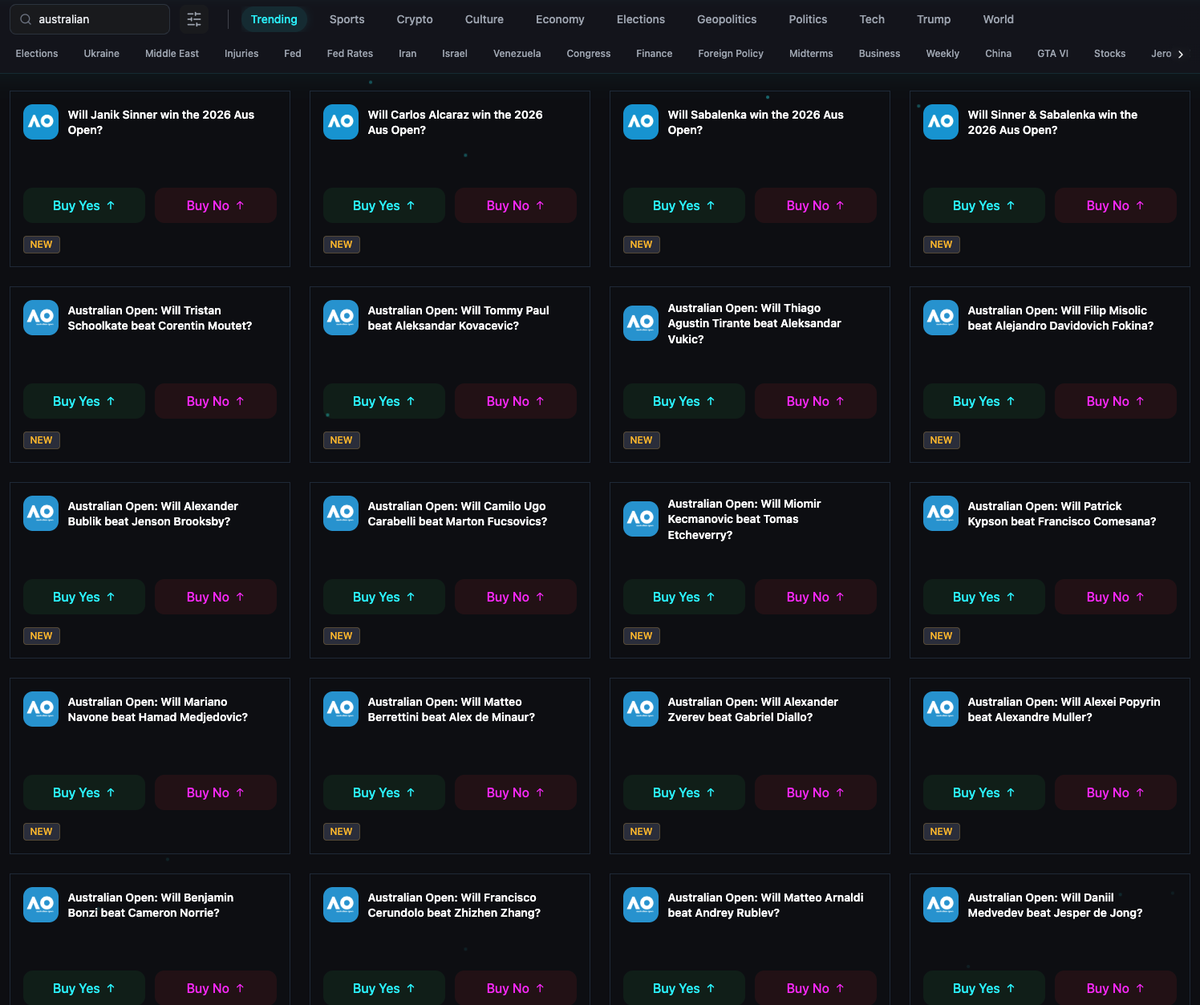 alphaarcade's tweet image. Bunch of new markets live for the Australian Open! 🎾

Make a prediction 👇

alphaarcade.com