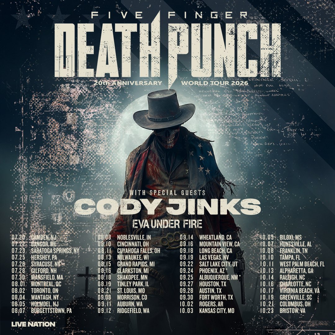 LiveNation's tweet image. ⚠️ TICKETS ARE LIVE! Grab tickets NOW to see Five Finger Death Punch’s 20th Anniversary World Tour with special guest Cody Jinks, and Eva Under Fire!

Don’t miss the celebration.💥 
livemu.sc/FiveFingerDeat…