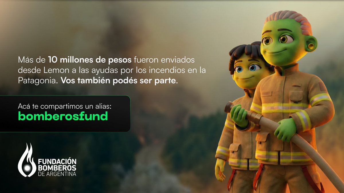 lemonapp_ar's tweet image. Más de 10 millones de pesos fueron enviados por usuarios desde Lemon a las ayudas por los incendios en la Patagonia. 

Vos también podés ser parte. 

Acá te dejo para que copies el alias 👉 bomberosfund

@BomberosFund