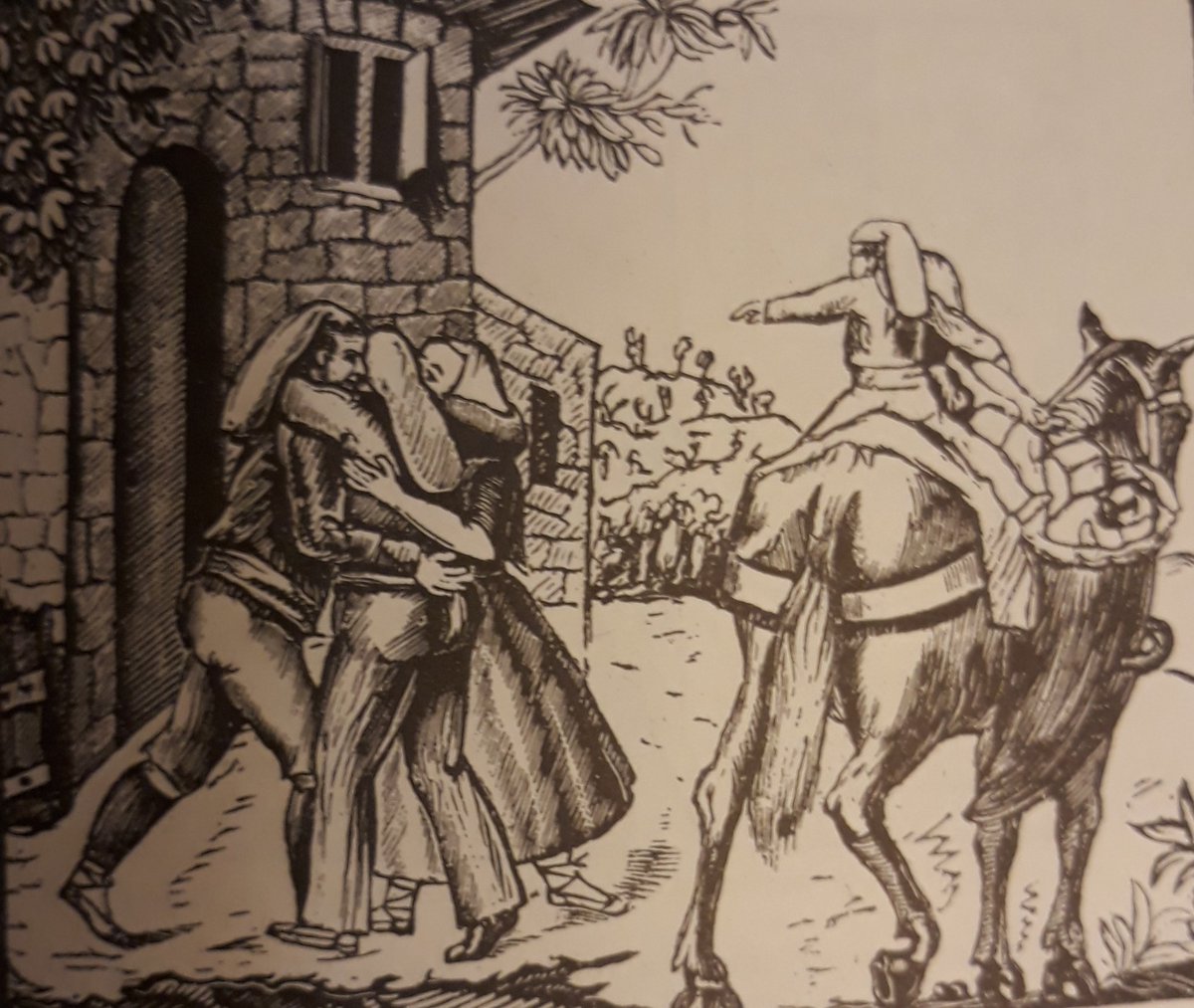 Una llarga tradició secularment arrelada a casa nostra, documentada el 1640 i vigent encara el 2026, plenament actual: compatriotes obligats a exiliar-se.
"El comiat de l'exiliat", capçalera d'un ventall vuitcentista.
(Reproduït per Joan Amades al Costumari Català).