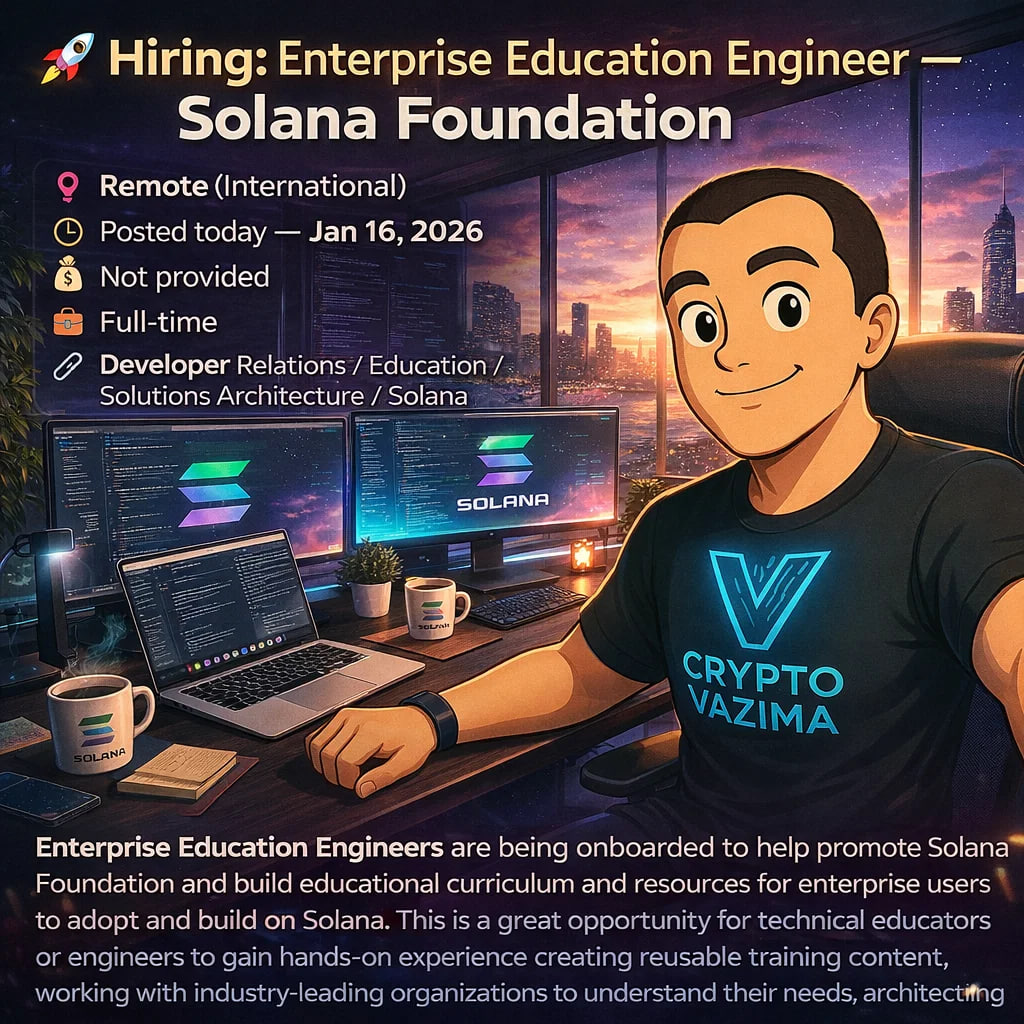 🚀 Hiring: Enterprise Education Engineer — Solana Foundation 📍 Remote  (International) | 💼 Full-time | 🧑‍💻 DevRel / Education / Solana | 💰 Not  provided | 🕐 Posted today — Jan 16,