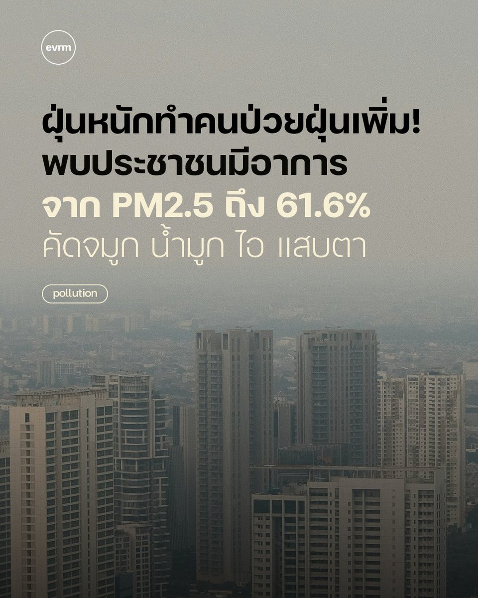 ◉ POLLUTION: ช่วงฝุ่น PM2.5 หนา พบผู้ป่วยจากฝุ่นเพิ่มขึ้น! มีประชาชนถึง 61.6% มีอาการที่เกี่ยวข้องกับ PM2.5 ส่วนมากพบคัดจมูก น้ำมูก ไอ แสบตา
.
เชื่อว่าเจอข่าวนี้ของกรมอนามัยเข้าไปก็คงต้องเช็คตัวเองกันอยู่หน่อยว่า “เอ๊ะ เราก็เป็นแล้วรึเปล่า?!” ล่าสุด แพทย์หญิงอัมพร เบญจพลพิทักษ์
