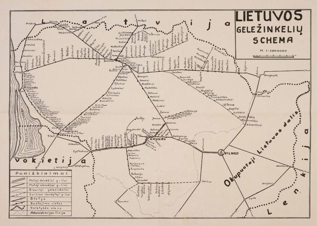 Lietuvos geležinkelių schema tarpukariu (Geležinkelių muziejaus žemėlapis)