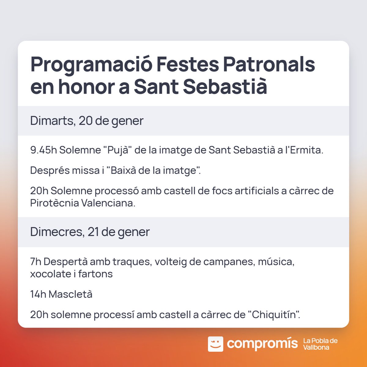 🟠 PROGRAMACIÓ FESTES PATRONALS 

Vos deixem els actes més importants de la programació de les Festes Patronals que hui comencen el seu programa d’actes i festes. Esperem que gaudiu d’aquests dies de reunió familiar i de retrobament. 🧡🍾

Perquè #SomCompromis i #HoFemPerTu