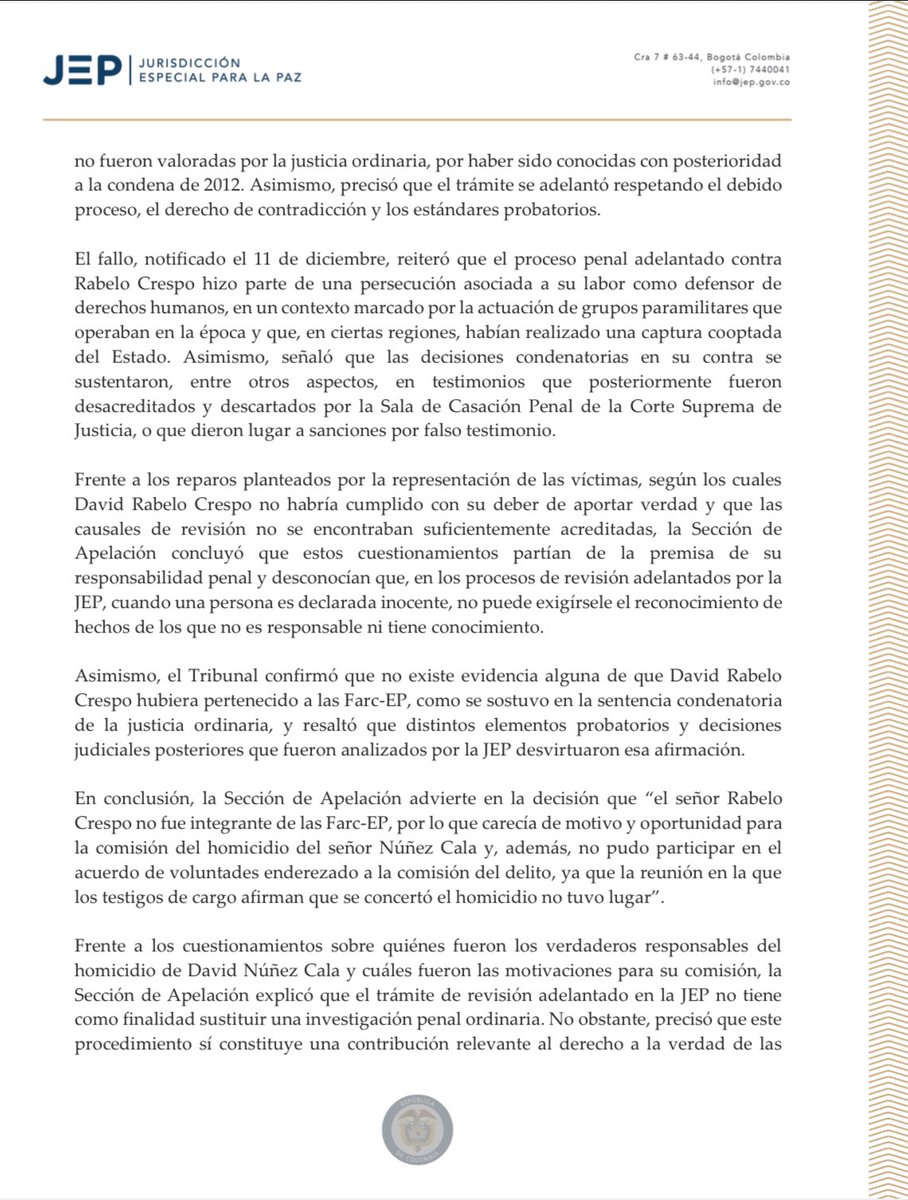 July_DDHH's tweet image. Celebro la decisión de segunda instancia de la @JEP_Colombia que confirma la declaratoria de inocencia del defensor de derechos humanos David Rabelo Crespo, quien durante muchos años padeció una injusta condena, fruto de un montaje judicial, para desacreditarlo y obstruir su…
