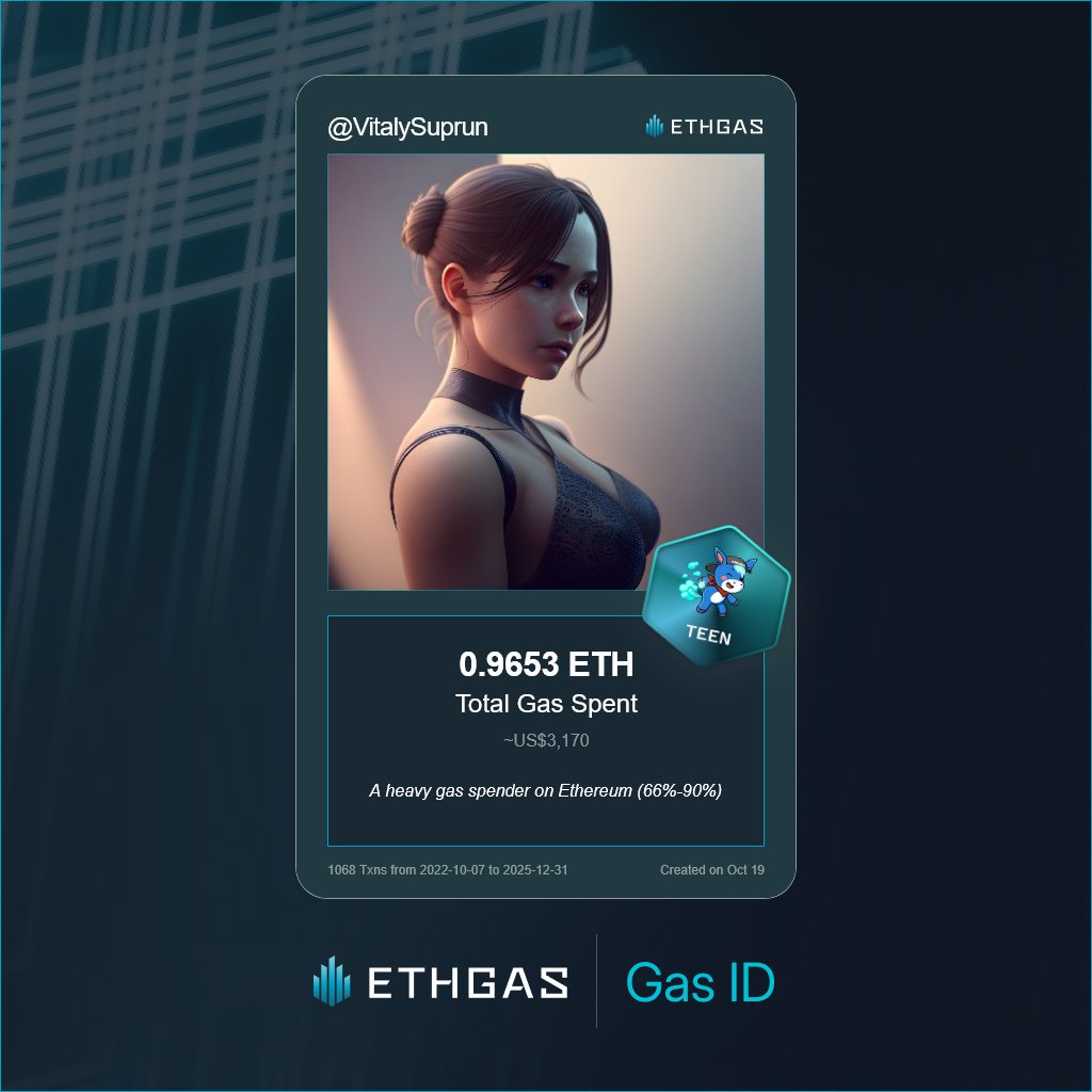 Just unlocked my Gas ID via ETHGas 🪪

I'm a Teen Jack with 0.9653 ETH spent on gas since Beacon Chain - now fueling my climb to the Gasless Future and earned 490 Beans already. 

Reveal yours at ethgas.com/community/gas-…
