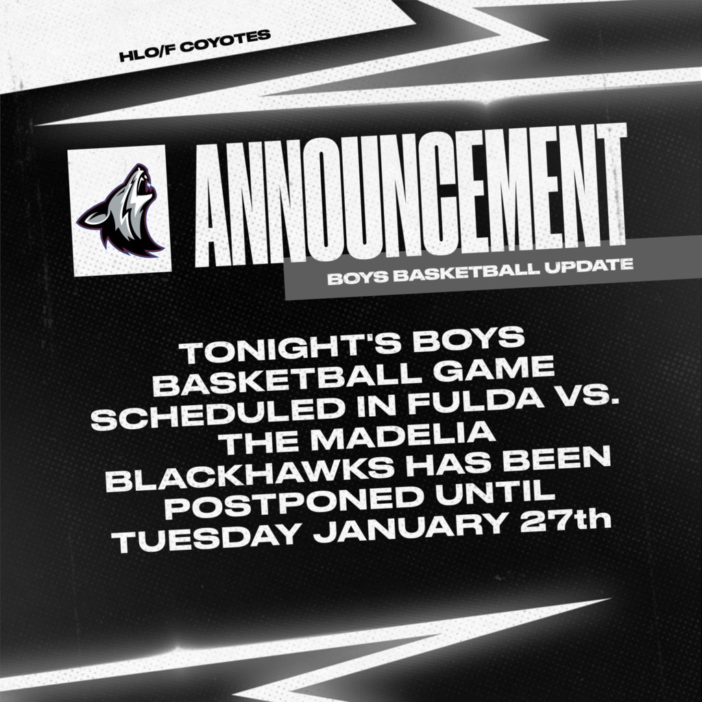 FuldaRaiders's tweet image. 🚨 𝘽𝙊𝙔𝙎 𝘽𝘼𝙎𝙆𝙀𝙏𝘽𝘼𝙇𝙇 𝙐𝙋𝘿𝘼𝙏𝙀 🚨

The BBB game with Madelia tonight is postponed until Tuesday January 27th.