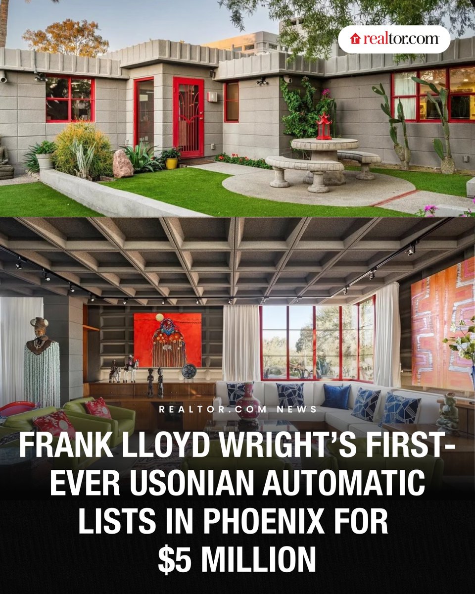 realtordotcom's tweet image. Frank Lloyd Wright fans have a rare chance to buy one of the architect’s most significant homes: his first-ever Usonian Automatic, a striking Phoenix residence built for Benjamin Adelman.

The colorful property, known for its gray exterior and red-framed windows, is hitting the