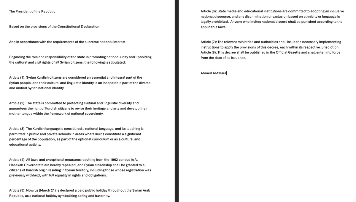 Charles_Lister's tweet image. NEW #Syria Presidential decree:

- Makes Kurdish a national language;
- Permits Kurdish-language education;
- Repeals all discriminatory #Assad-era legislation;
- Grants citizenship to all Kurds;
- Declares Nowruz a national holiday;
&amp;amp; more.