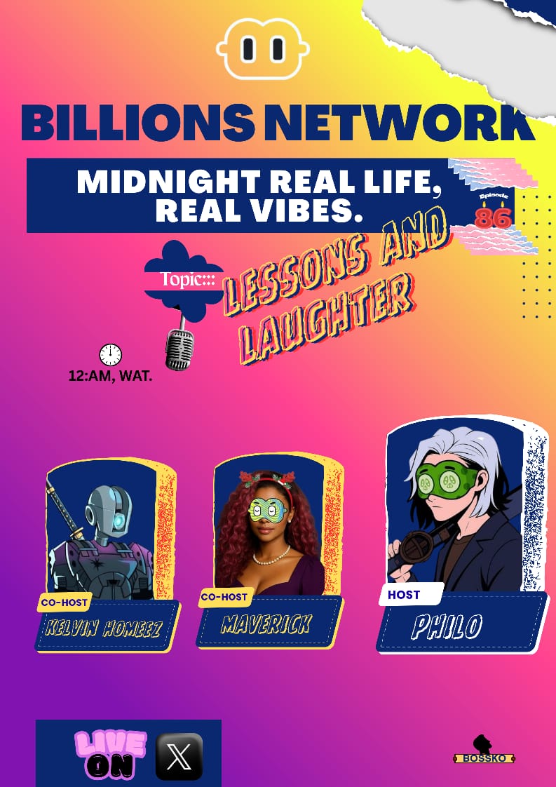 i know where I'll be by midnight frens
it's at the <a href="/billions_ntwk/">Billions</a> Real life Real vibes space
episode 86

every Friday is lessons &amp; laughter night
and let me tell you
i laughed till i nearly passed out last week

that's the good thing right?
we have serious spaces

but we also
