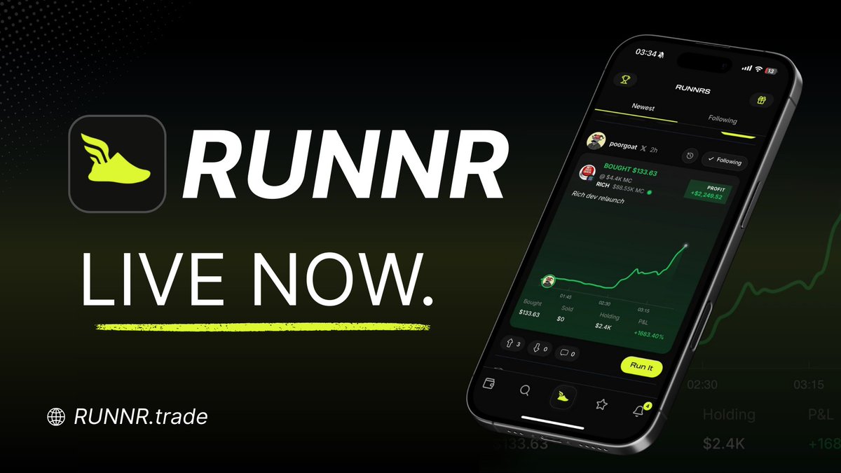 RUNNR IS OFFICIALLY LIVE

Your new place to trade the social way and take over the leaderboard

To access the app, you’ll need a referral code — look out for people already on RUNNR and let them know you want in

Read more 👇🧵