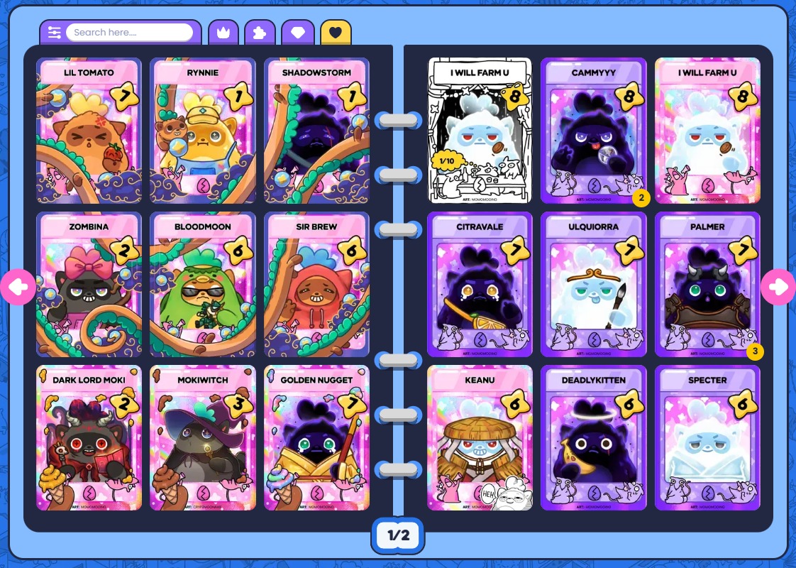 Heres my <a href="/Moku_HQ/">Moku✨</a> #GrandArenaBinder
Complete Long Moki on the left, with Ice Cream bellow. On the right a selection of Spirit and Shadow on a checkered pattern with matching stars per row. 🐒