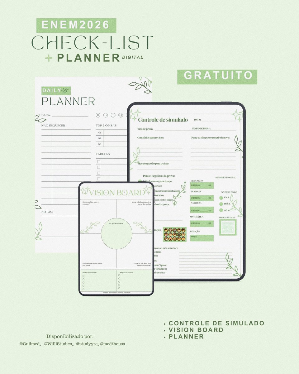 studyre_'s tweet image. ⭐️CHECK-LIST ENEM 2026 GRATUITO + PLANNER DE ESTUDOS + CONTROLE DE SIMULADOS!⭐️
(Regras para receber)
Dar RT neste post
Comentar “EU QUERO”
Seguir os perfis dos criadores:
@guiimed_ @studyre_ @medtheuss
@WilllStudies_