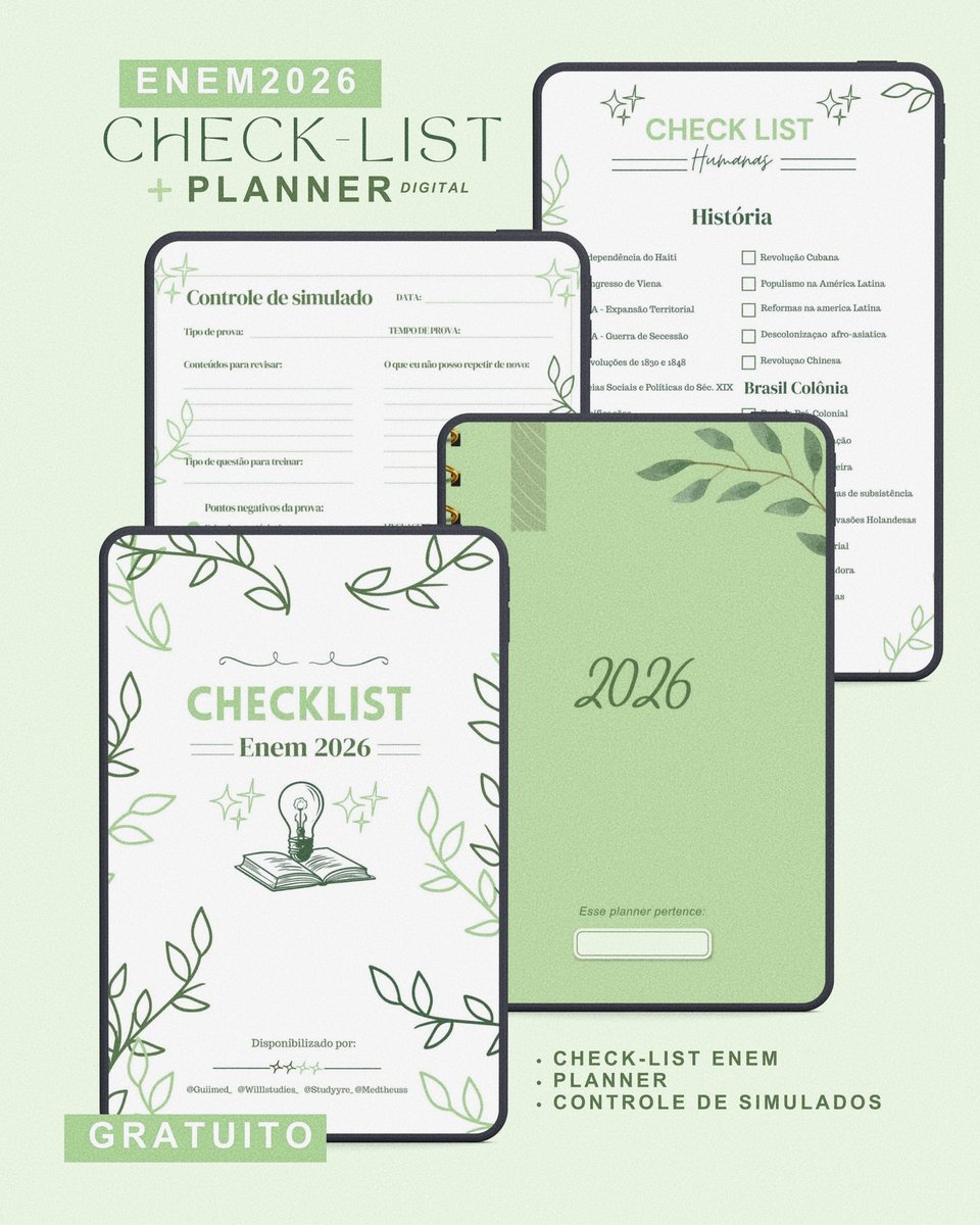 studyre_'s tweet image. ⭐️CHECK-LIST ENEM 2026 GRATUITO + PLANNER DE ESTUDOS + CONTROLE DE SIMULADOS!⭐️
(Regras para receber)
Dar RT neste post
Comentar “EU QUERO”
Seguir os perfis dos criadores:
@guiimed_ @studyre_ @medtheuss
@WilllStudies_