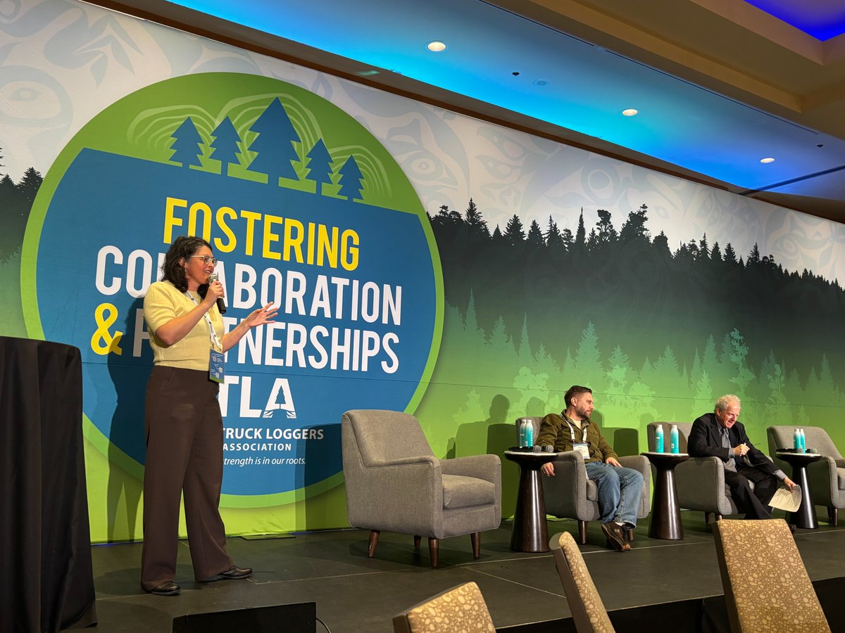 CFIMag's tweet image. Day 3 of The Truck Loggers Association’s 81st Convention &amp;amp; Trade Show is underway with the "Public Perceptions of Forestry" session featuring panelists Helene Marcoux, director of Malcolm Knapp Research Forest at @UBC and creator journalist Bob Kronbauer.