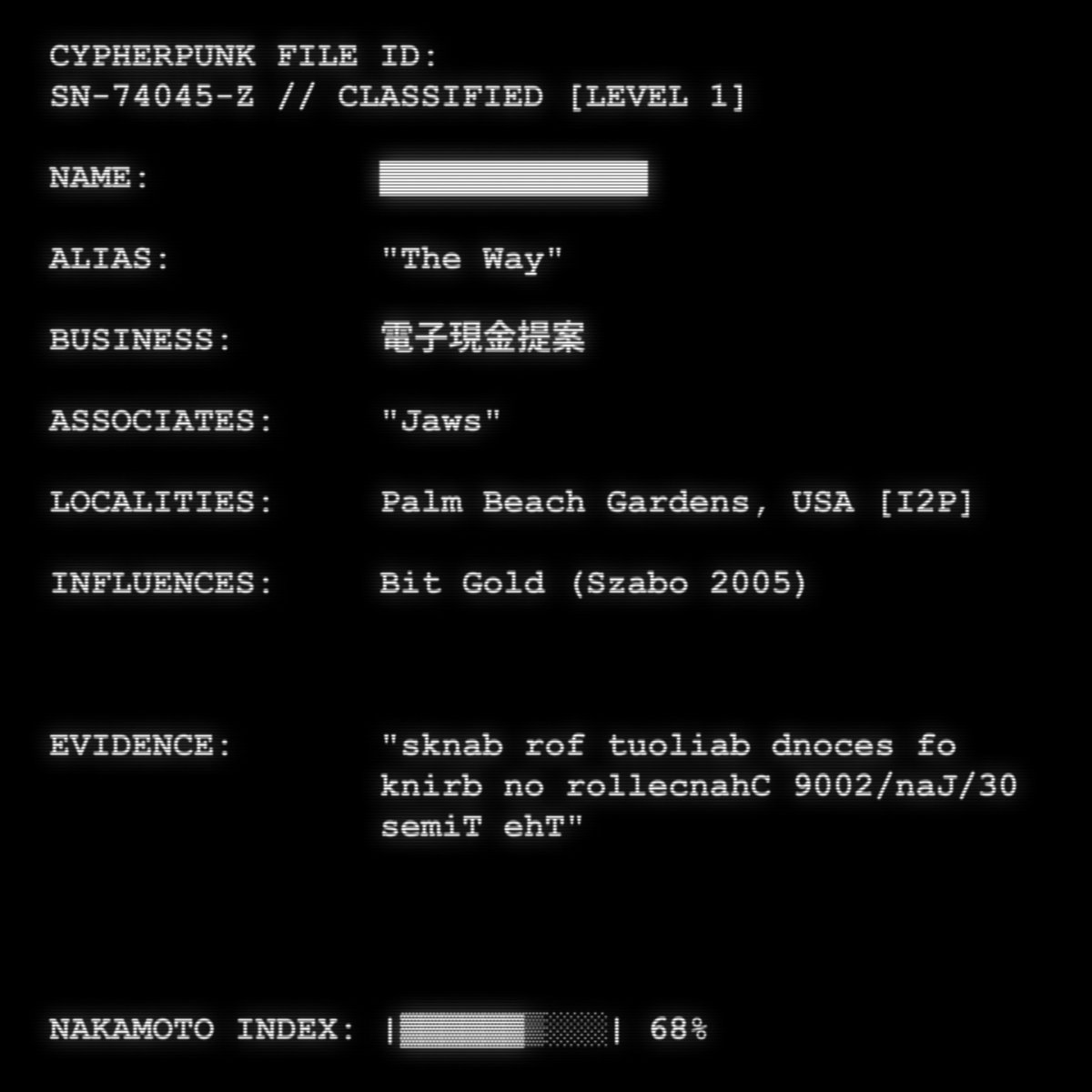 Satoshi once included a code comment with the infamous "Chancellor on brink" phrase backwards...

CYPHERPUNK FILES minting now on <a href="/opensea/">OpenSea</a> 

opensea.io/collection/cyp…