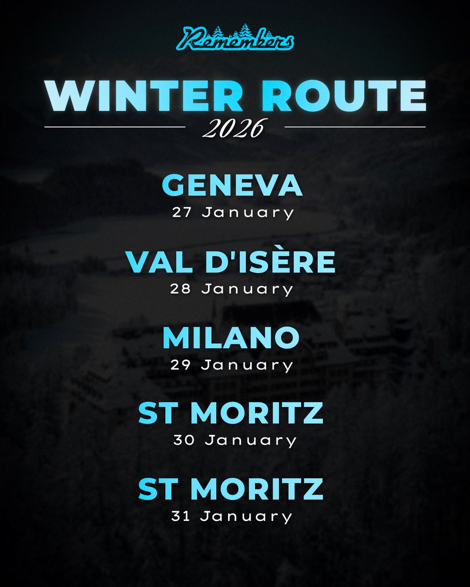 THE WINTER CHAPTER IS OFFICIALLY OPEN. 🗺️
Built for the track, proven on the coast, and now ready for the frost!

🇨🇭Geneva - 27 January
🇫🇷Val d’Isère - 28 January
🇮🇹Milano - 29 January
🇨🇭St. Moritz - 30–31 January

4 destinations. 3 countries. 1 crypto elite.

#remembers