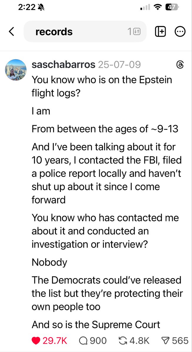 nandon2425's tweet image. Apparently they’re in the Epstein files along with all the other victims records that the DOJ and FBI are refusing to release. If you want to learn more, Sascha Riley (Barros) is on Threads and is answering questions.