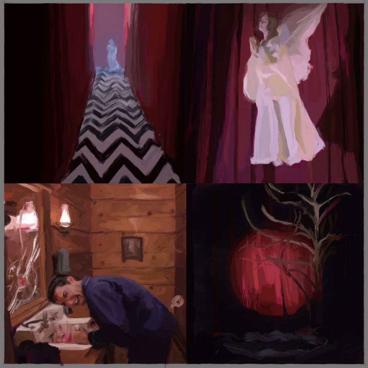 juliesacunt's tweet image. Rest in peace David Lynch. I drew some of my favourite shots from #twinpeaks