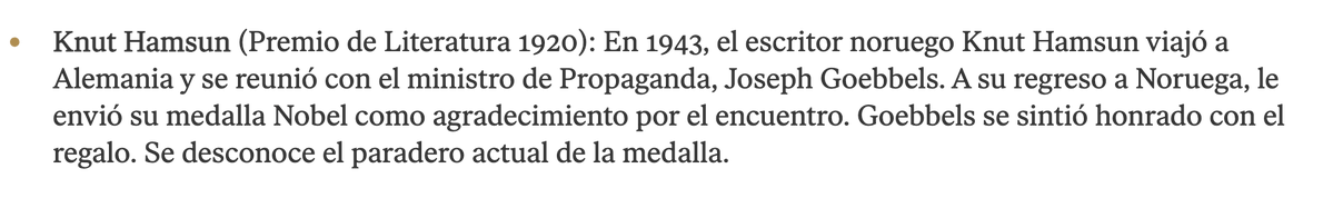 vagoilustrado's tweet image. Es interesante que el Comité del Nobel enumere una serie de casos en su declaración, y el más similar al de María Corina Machado regalándole la medalla a Trump, es la del escritor noruego Knut Hamsun, que viajó a la Alemania Nazi y luego le regaló la medalla del Nobel a Goebbels.