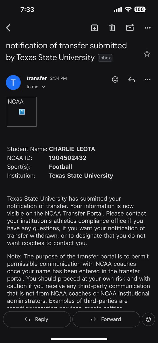 CharlieLeota's tweet image. I am officially in the transfer portal, with one year of eligibility remaining. 🙏🏾
