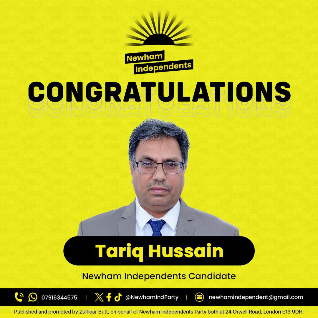 NewhamIndParty's tweet image. 🎉Congratulations to Tariq Hussain on being selected as a Newham Independents councillor candidate for the May 2026 local elections.
Wishing you every success on this exciting journey!

#NewhamIndependents #LocalDemocracy #TeamNewham