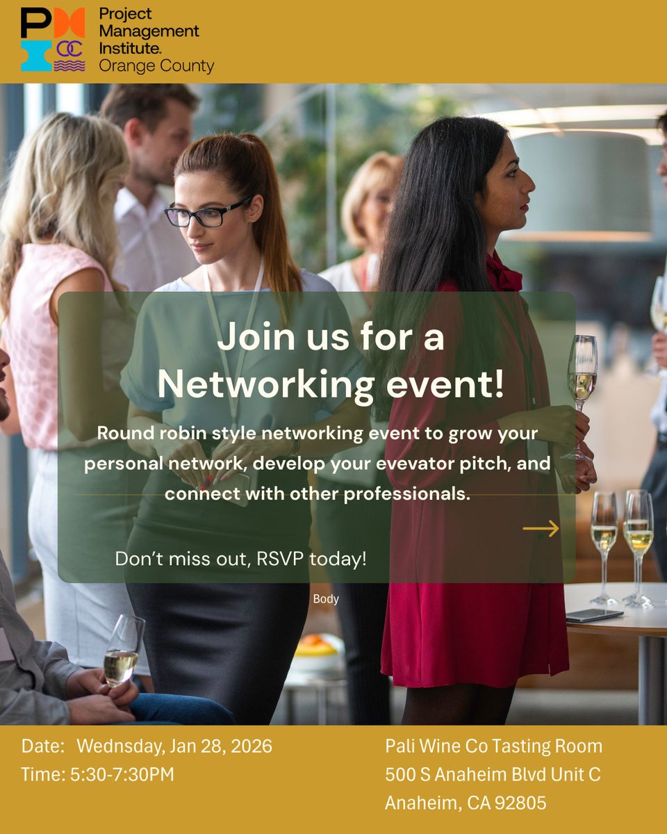 PMIOC's tweet photo. PMI-OC is excited to invite you to an in-person networking event designed to bring together project managers and professionals from across Orange County. 

January 28,2026 5:30 PM 
Pali Wine Co Tasting Room
500 S Anaheim Unit C
Anaheim, CA  92805

RSVP at: https://t.co/eHJqyVyLkE https://t.co/tiioorxylV