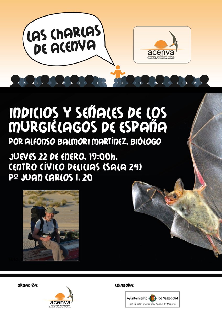 acenva's tweet image. El  próximo jueves 22 de enero a las 19 horas en Centro Cívico Delicias  (Sala 24) ,  realizamos la charla “Indicios y señales de los murciélagos  de España” a cargo de Alfonso Balmori Martínez (Biólogo). Os esperamos. @AyuntamientoVLL