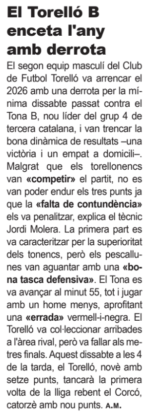 ⚽️ El <a href="/cftorello/">CF.TORELLO</a> B va caure contra el Tona B (0-1), en el partit de la jornada 14 de tercera catalana
❌ Van arrancar l'any amb derrota a més de trencar la bona dinàmica de resultats: una victòria i un empat a domicili
📌 El Torelló B és novè del grup 4 amb 16 punts
<a href="/settorello/">Setmanari Torelló</a>