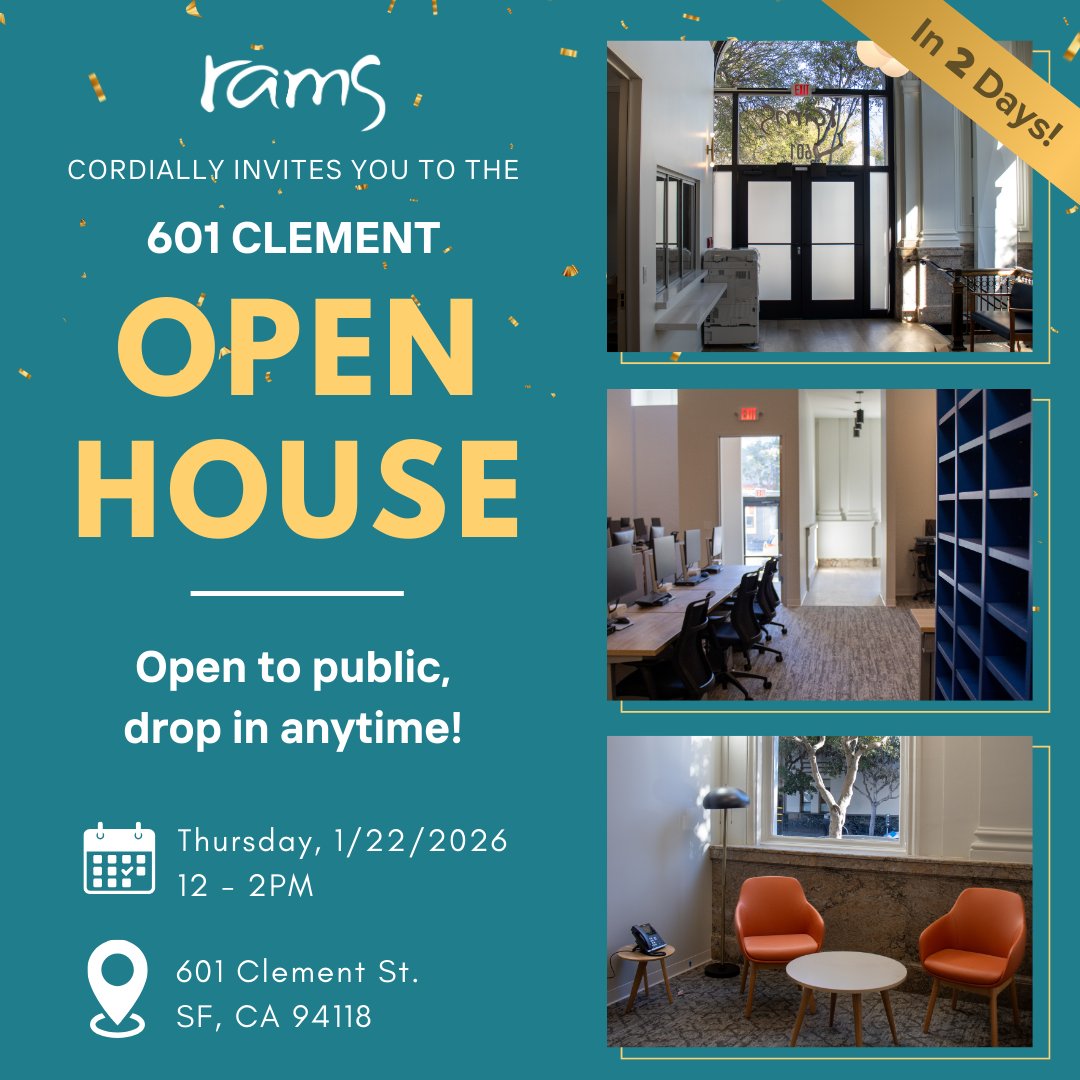 RAMSInc's tweet image. ⏰ Happening this Thursday at 12PM! Join us for an Open House of RAMS’ newly renovated site at 601 Clement St. 

🤝Tour the space across 3 floors &amp;amp; connect with RAMS staff, fellow community members, &amp;amp; partner organizations!