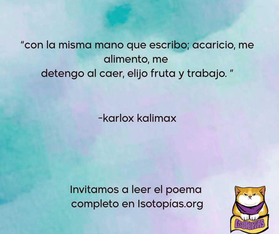 Karlox Kalimax nos comparte un poema que es una reflexión sobre el cuerpo, el trabajo y la escritura. Un recordatorio de que también escribimos con nuestras vivencias con todo lo que tocamos, elegimos y sostenemos. isotopias.org/con-la-misma-m…
*
#isotopias