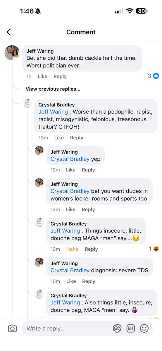 jwaring215's tweet photo. @ClayTravis Apparently Crystal can’t have a debate without insults. https://t.co/cNpa424SFj
