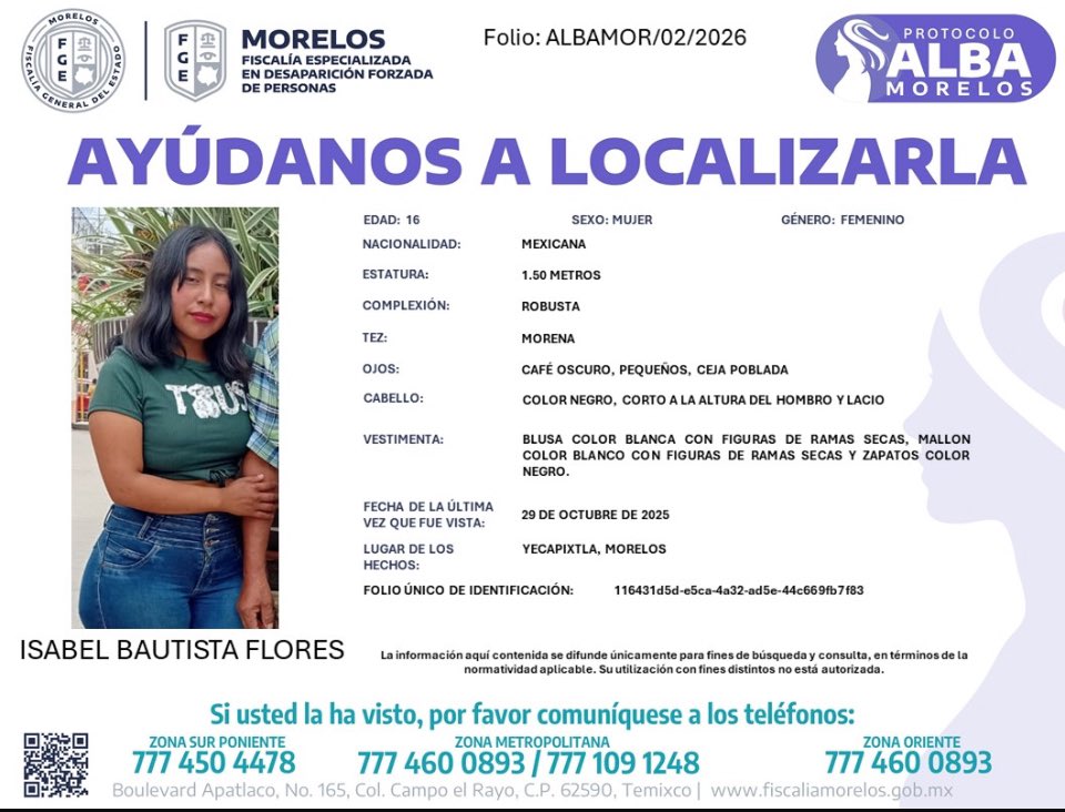 yohaliresendiz's tweet image. .📍#Morelos #Yecapixtla 

#Reconózcala 

Se llama Isabel Bautista Flores tiene 16 años, fue vista por última vez, el pasado 29 de Octubre en #Yecapixtla #Morelos 

Si usted tiene información sobre su paradero, contacte a la Fiscalía General de Justicia en el estado de Morelos…