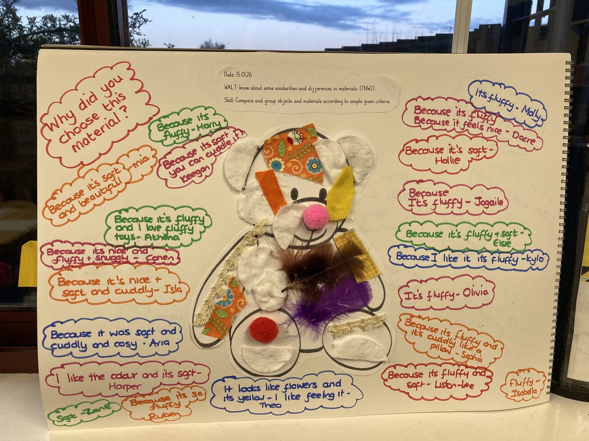 Kingfishers_RPI's tweet photo. We have been describing different materials and thought about the most suitable material for making a teddy bear! 🧸 Can you spot different materials at home and describe them using vocabulary such as hard, soft, rough and smooth? @RaundsPark https://t.co/N4no6J7bXv