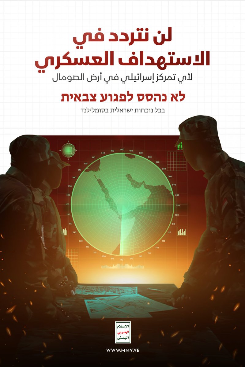 MMY1444's tweet image. لن نتردد في الاستهداف العسكري لأي تمركز إسرائيلي في أرض الصومال

לא נהסס לפגוע צבאית בכל נוכחות ישראלית בסומלילנד