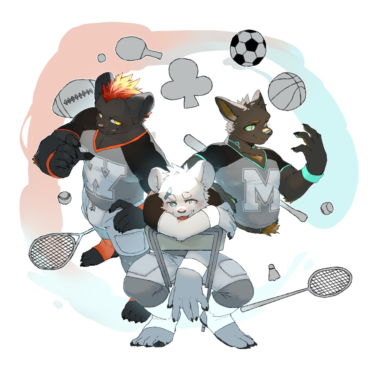 【梅花組-騰騰家】
如同現實宇宙一般不斷持續擴張的白熊宇宙！
今天也一如往常的冒出不同種族的私生子！(？)
總有一天會多到要變成白熊神話的吧！(並沒有)
室內派的2.5人組今天是陽光體育生！
(絕對跟性癖無關)
[底下開放報名當球]
🎨: <a href="/totent_kuma/">騰騰</a>