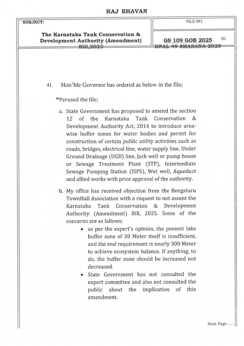 BLRTownHall's tweet photo. 10/n Thank you Hon Governor Shri Thawar Chand Gehlot @TCGEHLOT, for wisely returning the "Karnataka Tank Conservation & Development Authority Amendment Bill 2025", as it portends grave dangers to the well being of the state.

But it is no time to celebrate! We have a long distance to go.  We need to double our efforts!

For instance, once the Govt submits its clarifications to the Governor's note,
❔ The Governor may give his assent, in which case we may need to explore the option of judicial review, and challenge it in the courts.
❔ Or the Governor may reject the bill, in which case, we may rejoice.
❔ Or considering the serious Constitutional questions, he may refer the bill to the President, in which case, the bill may undergo thorough constitutional scrutiny.

This bill if passed into law, will spell doom for nearly 45,000 lakes, causing unimaginable damage to the state's ecology and environment, harming crores of trees, negatively impacting biodiversity amounting to billions of living beings, wrecking groundwater, farming, livelihoods of lakhs of farmers and fishermen, and the food security of crores of people, apart from destroying the foundation of the state - its economy! It may create a state-wide water, ecological and economic crisis, leading to water wars, mass migrations, and worsen the climate crisis that the state is already grappling with. The state is already witnessing severe farm distress; with this it will intensify further. 

In a city like Bengaluru, which has already lost 98% of its green blue cover, this will snuff out whatever little nature is left in the city. Bengaluru is left with a mere 2% green blue cover, is it in any way justifiable to mess around with this? World-wide, cities are trying to increase green blue cover to 30% or 40%, and here our senseless politicians are plotting to destroy the last remaining 2%? What are they thinking, seriously?

Let us hope that good sense prevails, and that the Govt realises its folly and withdraws the bill.  As it were, the Govt is facing so much flak about all the other mindless decisions it is taking. Can't it at least spare the little bit of environment that is remaining in the state, so that our next generations may have a home left? Can't the ministers in the Govt look beyond their own noses?

OR DOES THIS GOVT WISH TO BE REMEMBERED IN HISTORY AS THE "DESTROYER OF KARNATAKA'S LAKES"?

Calling all citizens to please put pressure on your MLAs, to demand withdrawal of this dangerous 'KTCDA Amendment Bill 2025'. Please call up your MLA or email her/him urgently.

Here are copies of our submissions to the Hon Governor: https://t.co/esaKftvnja

Here is a simple conservative calculation of the potential harm of this bill that boggles the mind:  https://t.co/ptgY1O0opd

Please sign this online petition, and get as many people to sign it, immediately: https://t.co/VMtDefmJ49

#Unconstitutional #LawlessnessAtTheTop #SaveOurLakes #WaterSecurity #FoodSecurity #Ecocide #WaterCrisis #FoodCrisis #GreenCover #BlueCover #EnvironmentCrisis #SaveLakes #Flooding #Pollution #NGT #WetlandRules #Environment #EnvironmentProtectionAct #Ecosystem #RealEstateMafia #Corruption #Maladministration #Misgovernance #Misrule #Constitution #Violations #RuleOfLaw #Ruin #Destruction #UnsustainableDevt 

@rashtrapatibhvn @PMOIndia @moefcc @byadavbjp @eshwar_khandre @TcGehlotOffice @CMofKarnataka @siddaramaiah @NsBoseraju @DKShivakumar @BJP4Karnataka @BJP4India @INCKarnataka @INCIndia @JanataDal_S @AamAadmiParty @NammaBNP @AAPKarnataka @AAPBangalore @Prajaakeeyalive @krs_party @party_krs @down2earthindia @CSEINDIA @SDG2030 @UN_SDG @4Post2020BD @atree_org @conserve_ind @MongabayIndia @Indian_Rivers @indiawater @sustainBLR @TrustBangalore @esgindia1 @LetMeBreathe_In @NoTreesNoWater @LetIndBreathe @AikyamCommunity @CSEINDIA @c40cities @atree_org  @DoWRRDGR_MoJS @CRPaatil @VSOMANNA_BJP @NITIAayog @AgriGoI @BasanagoudaBJP @narendramodi