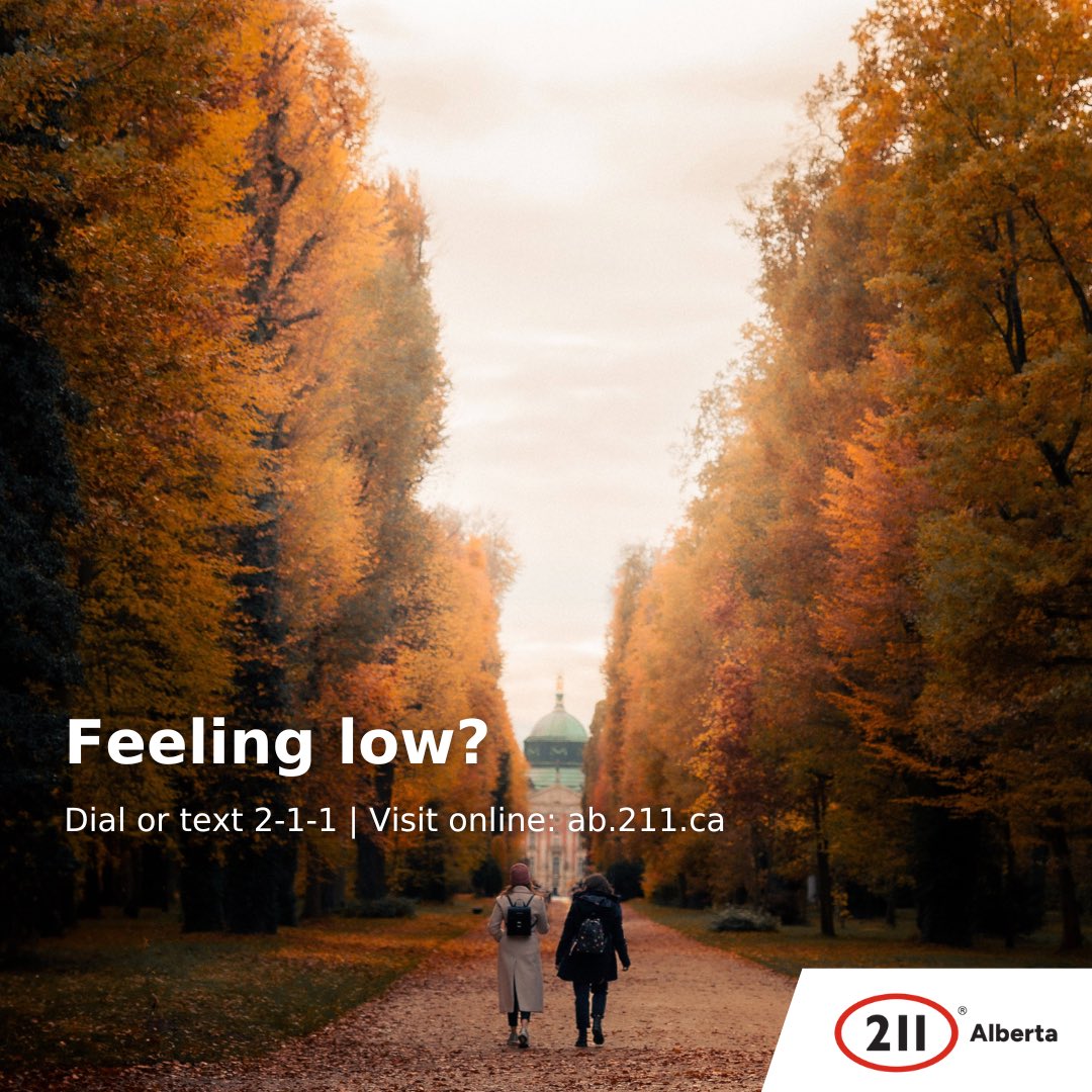 211Alberta's tweet photo. Shorter days aheadโcall 211 for free counselling & peer groups before stress piles up.
#FallWellness #MentalHealth https://t.co/PCf0JohvN3