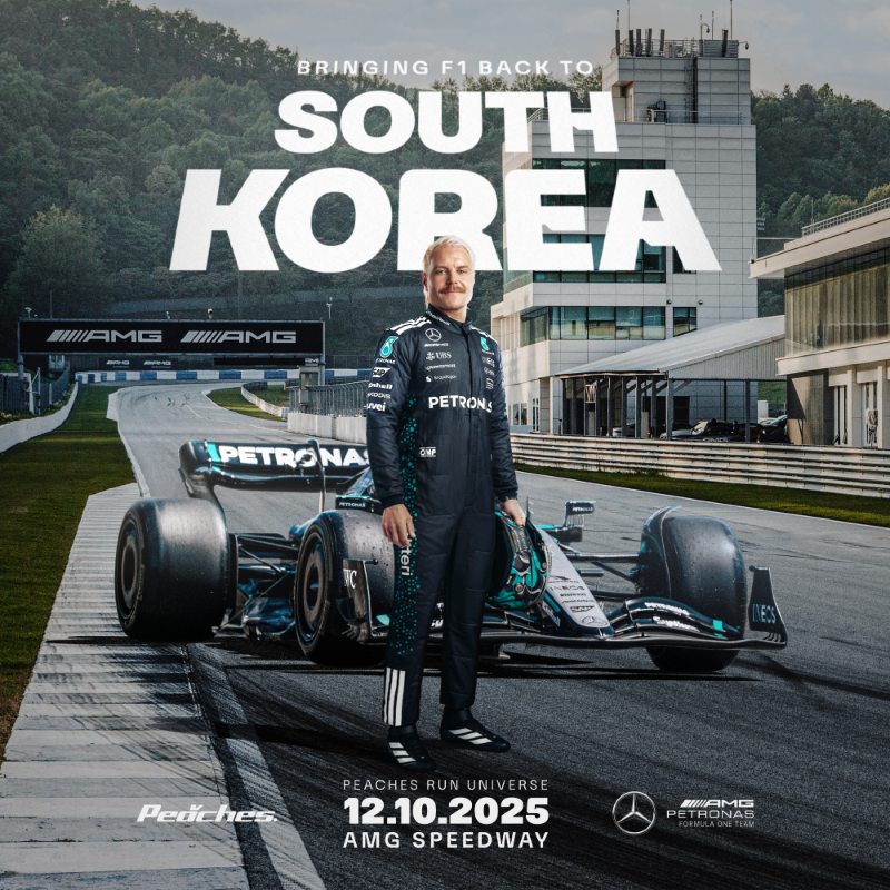 MercedesAMGF1's tweet photo. 우리는 정말 한국으로 오고 있어요

We're coming to South Korea! 👏

Excited to announce we'll be in action at Peaches Run Universe 2025 with Valtteri and the W13 ❤ 

Read more 👇