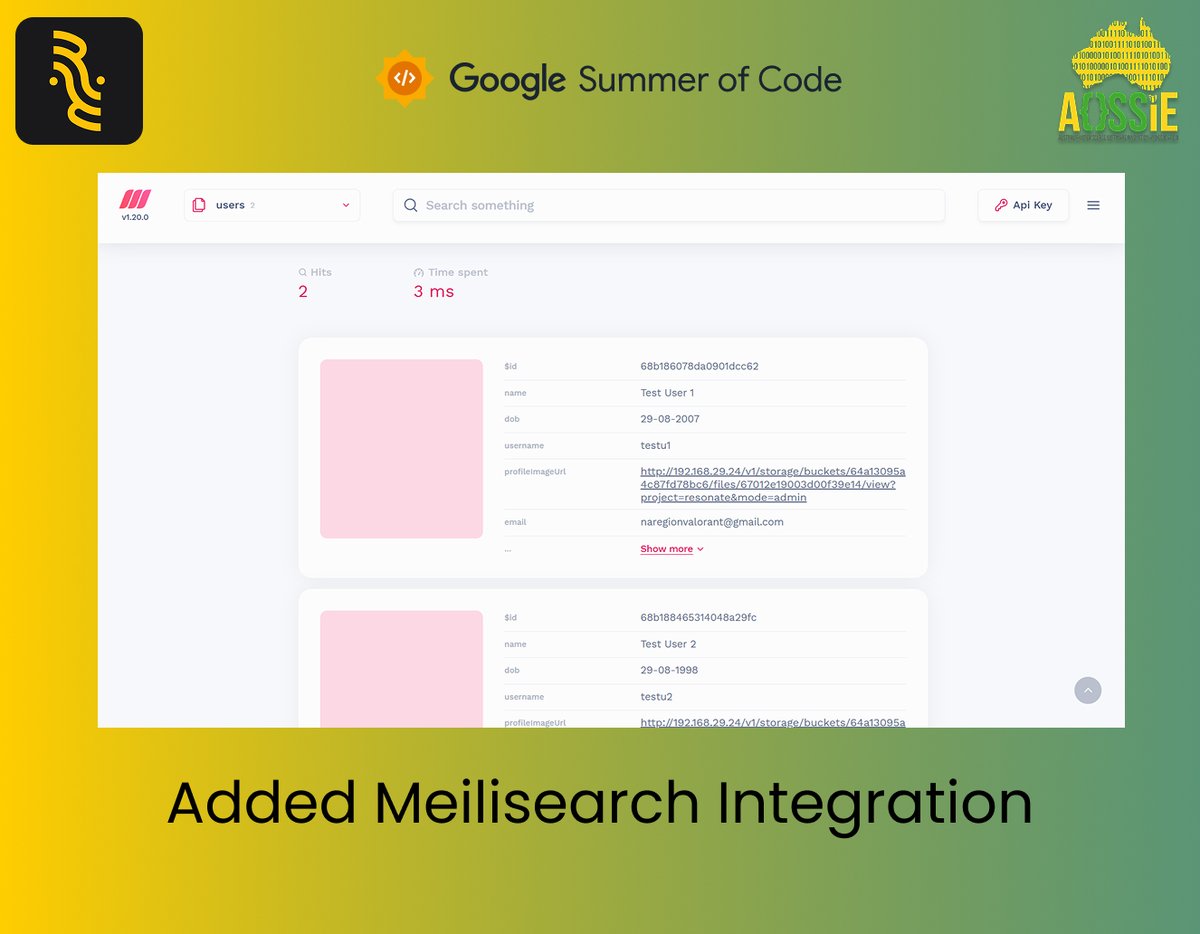 M4dhav1's tweet image. 🚀 Week 15 Update:
Switched Resonate’s search from Queries to a blazing-fast, scalable #Meilisearch integration!
✅ Automated localhost setup &amp;amp; documentation
✅ Cloud functions for smooth integration
✅ Replaced Search Logic
Now delivering real-time search results in ~50ms 🔍⚡