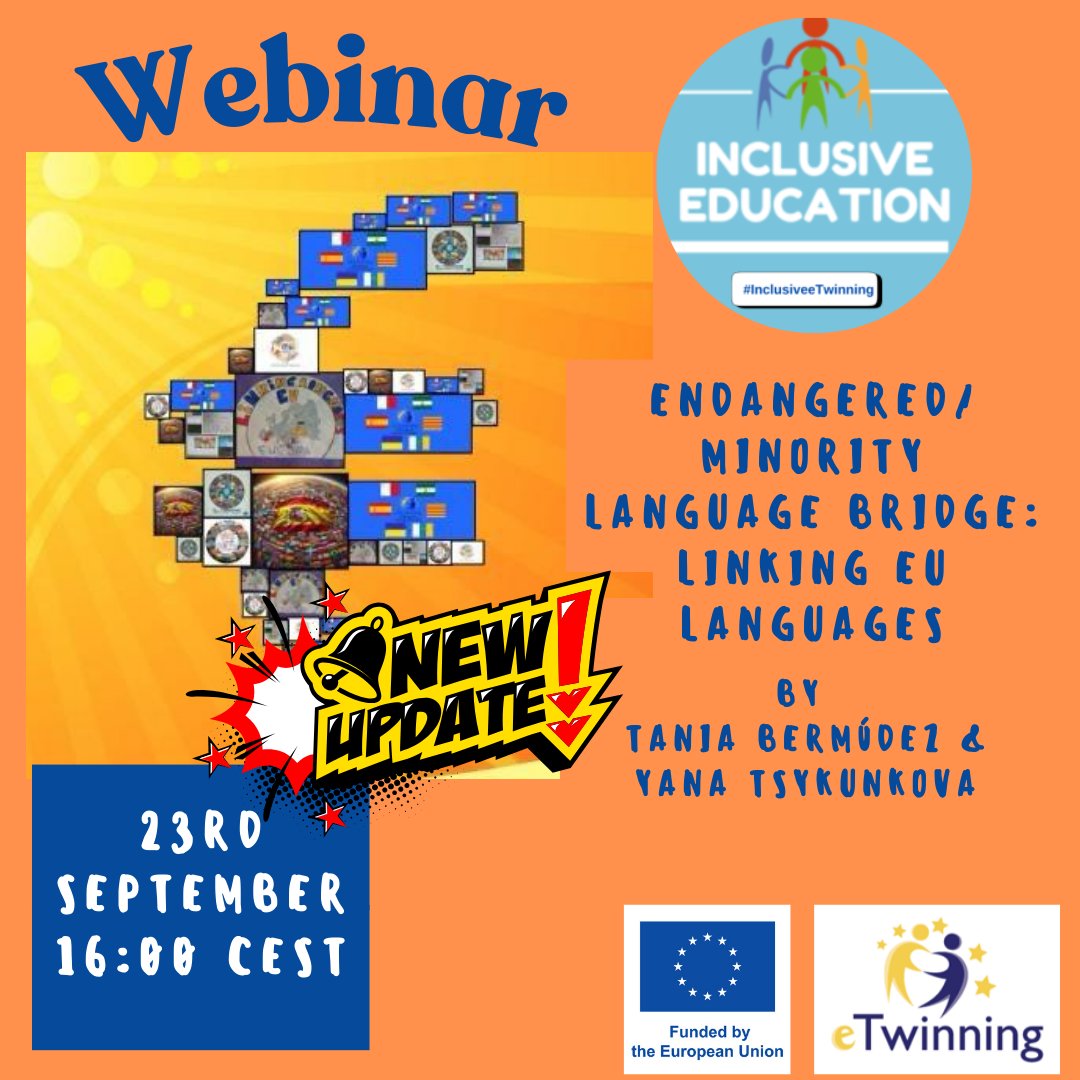 🎉 Celebrate #EuropeanDayofLanguages with an inclusive perspective!
📅 23 Sept, 16:00 CET
🌍 Webinar on endangered &amp; minority languages as bridges for inclusion.
Speakers: Tania Bermúdez 🇪🇸 &amp; Yana Tsykunkova 🇺🇦
🔗 school-education.ec.europa.eu/en/etwinning/g…