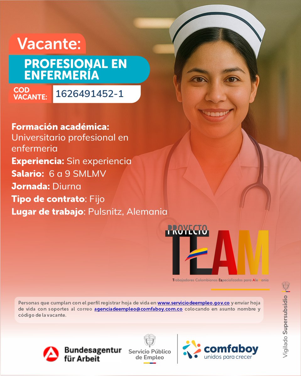 Eres Profesional en Enfermería o Tecnólogo en Electricidad Industrial, esta es tu oportunidad.
✅Contrato laboral estable y proceso 100% gratuito
✅Curso intensivo alemán
✅Homologación de título
✅Tiquete aéreo y acompañamiento permanente
Inscríbete aquí forms.gle/sWpyshqfXHCEb6…